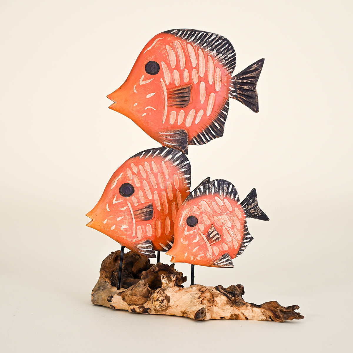 Three Fish on Root Base, Orange and Black