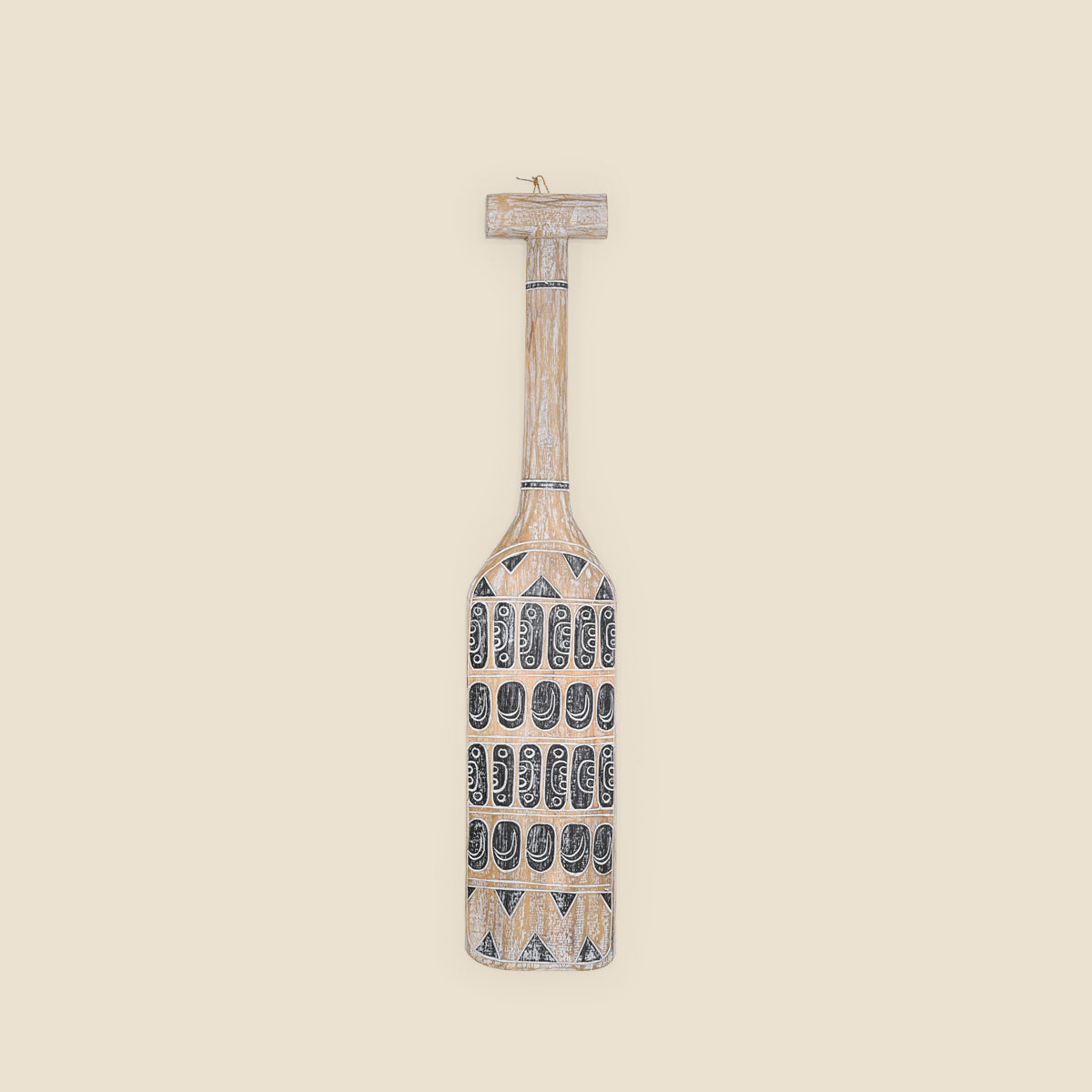 Small Carved Wooden Paddle, Natural, White and Dark Grey