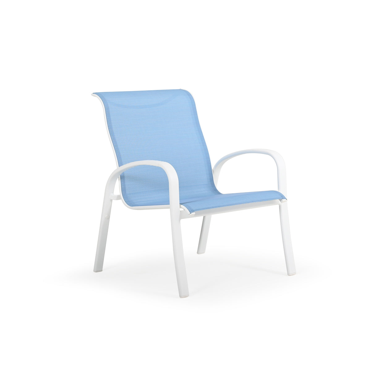 Angled view of outdoor aluminum and Sling Club Chair with white frame and blue sling