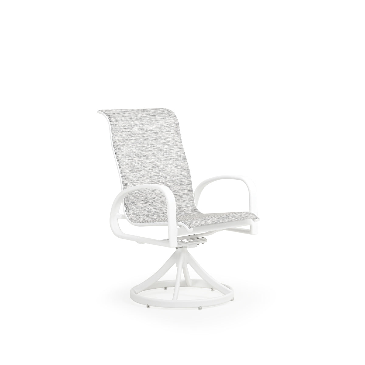 Front view of outdoor aluminum and sling swivel tilt dining chair in white finish with light sling