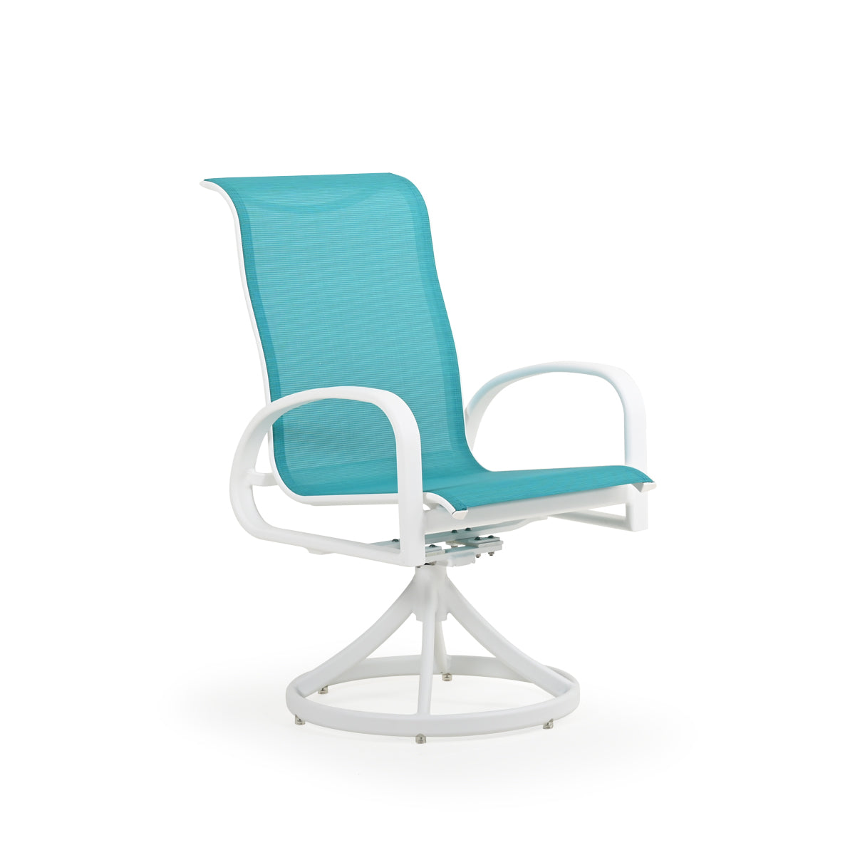Front view of outdoor aluminum and sling swivel tilt dining chair in white finish with teal sling