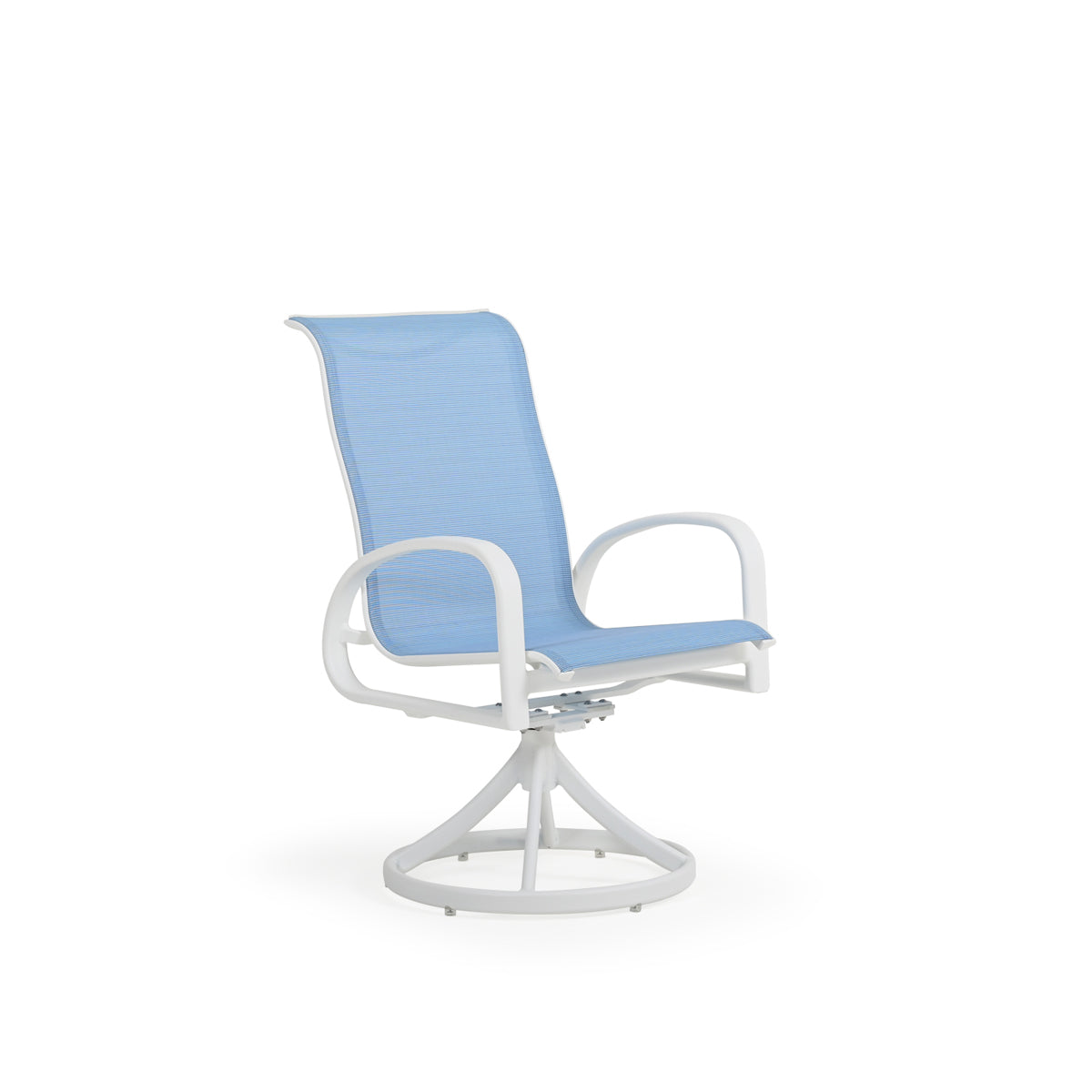 Front view of outdoor aluminum and sling swivel tilt dining chair in white finish with blue sling