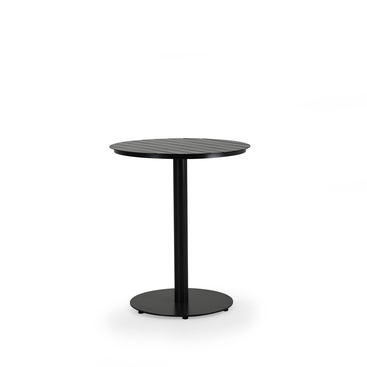 Outdoor aluminum counter height bistro table with round aluminum slat top in dark color frame