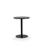 Outdoor aluminum counter height bistro table with round aluminum slat top in dark color frame