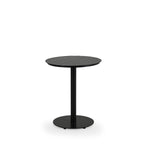 Outdoor aluminum counter height bistro table with round aluminum slat top in dark color frame