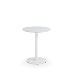 Outdoor aluminum counter height bistro table with round aluminum slat top in white frame