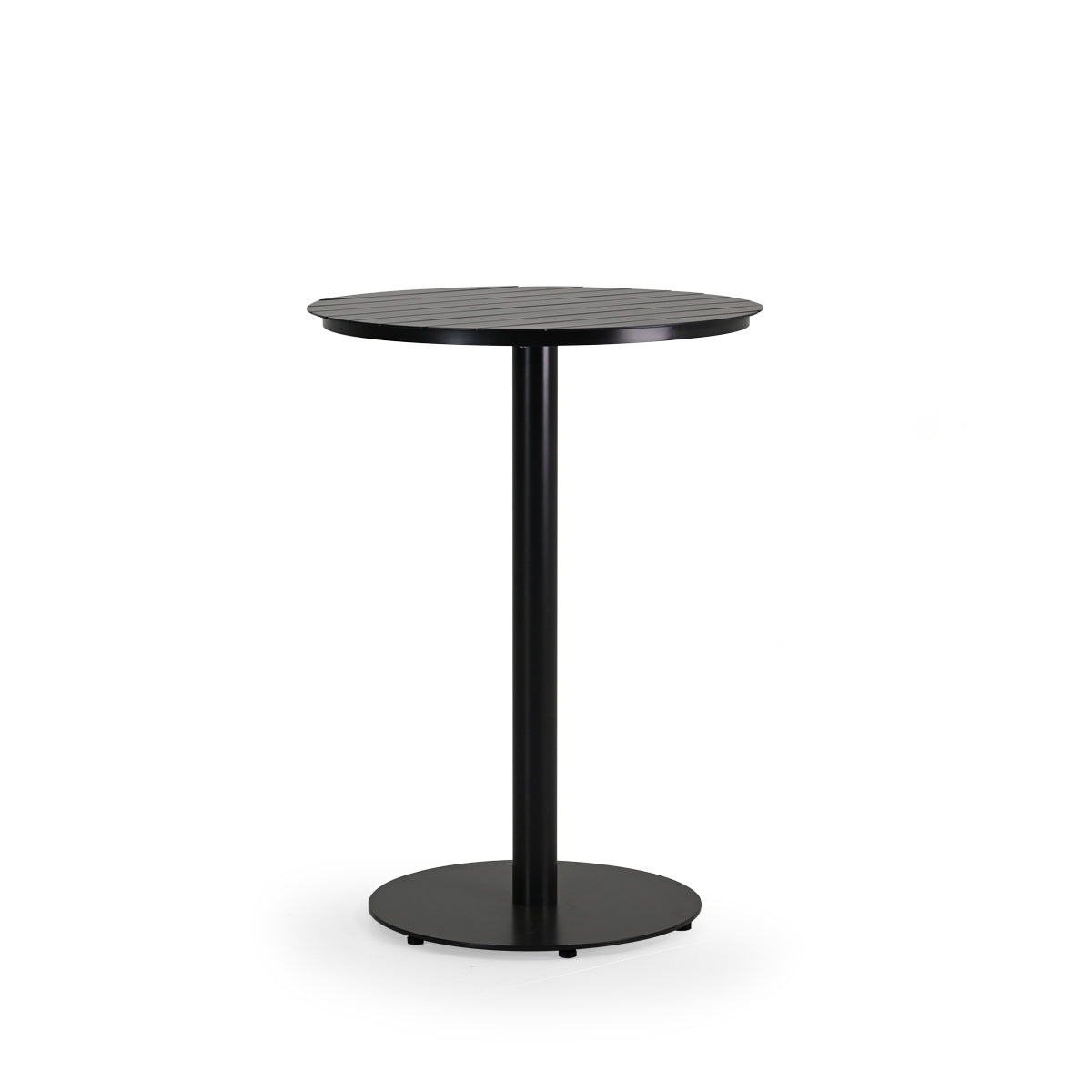 Outdoor aluminum bar height bistro table with round aluminum slat top in dark color frame