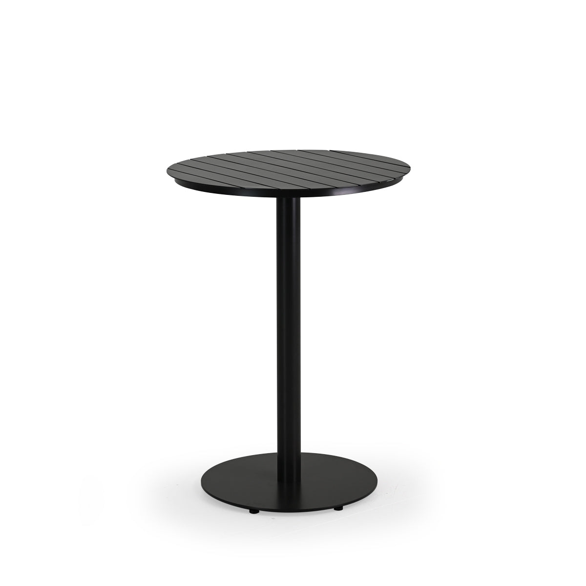 Outdoor aluminum bar height bistro table with round aluminum slat top in dark color frame