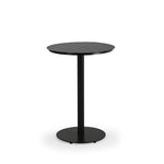 Outdoor aluminum bar height bistro table with round aluminum slat top in dark color frame