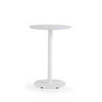 Outdoor aluminum bar height bistro table with round aluminum slat top in white frame