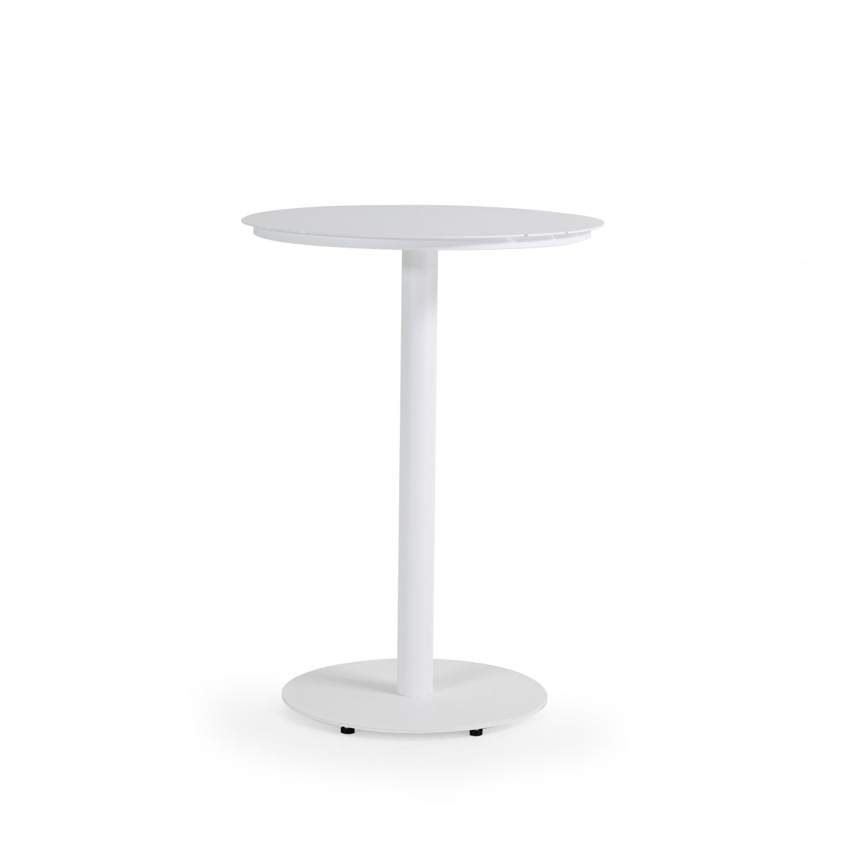 Outdoor aluminum bar height bistro table with round aluminum slat top in white frame