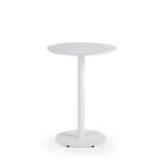 Outdoor aluminum bar height bistro table with round aluminum slat top in white frame