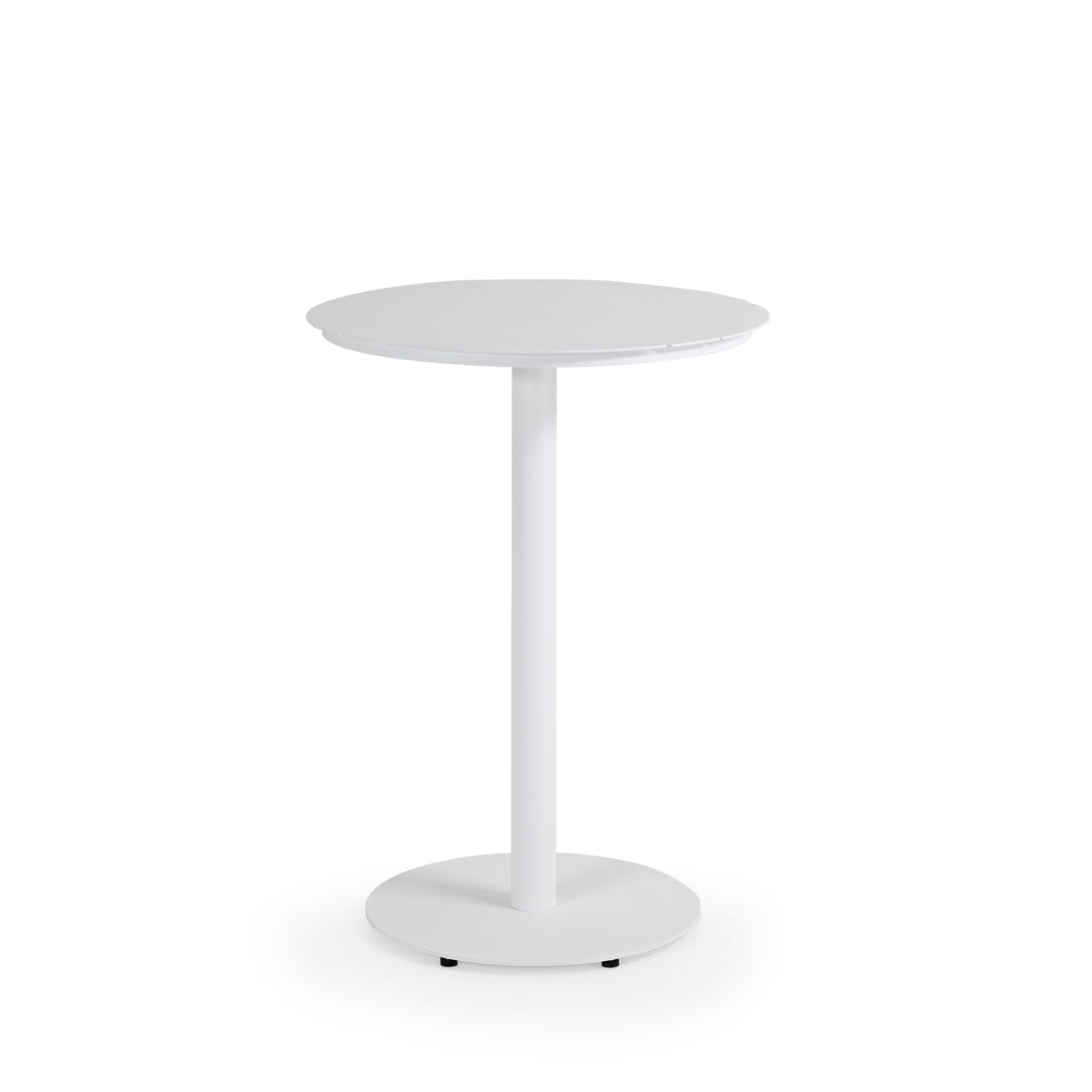 Outdoor aluminum bar height bistro table with round aluminum slat top in white frame