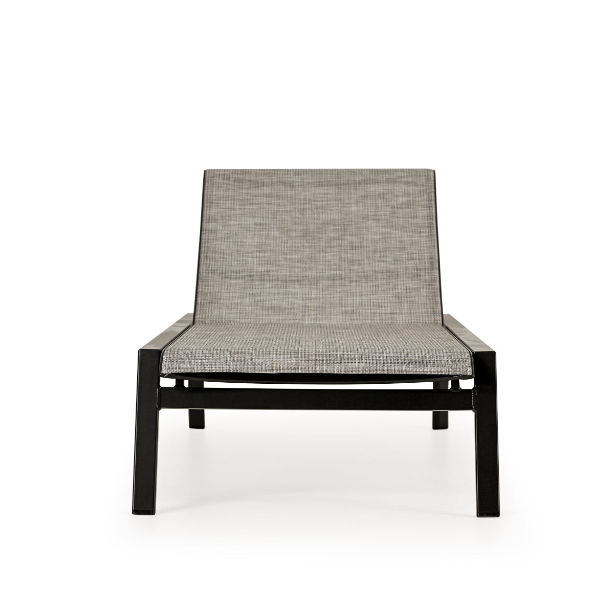 Front view of outdoor aluminum and sling chaise lounge and a half in dark color frame and neutral sling