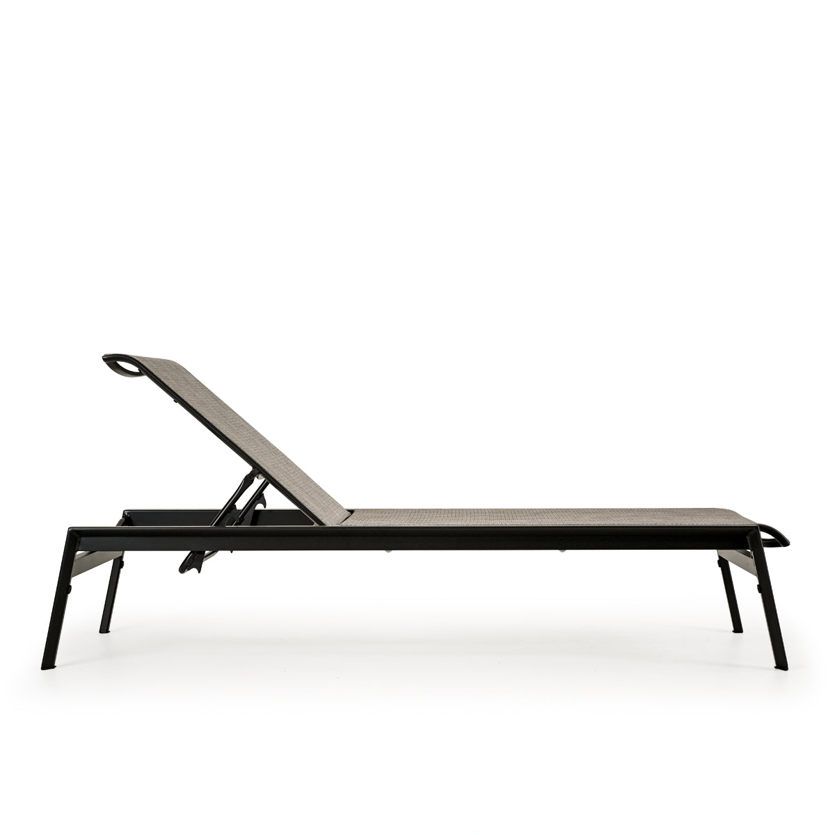 Side view of outdoor aluminum and sling chaise lounge and a half in dark color frame and neutral sling