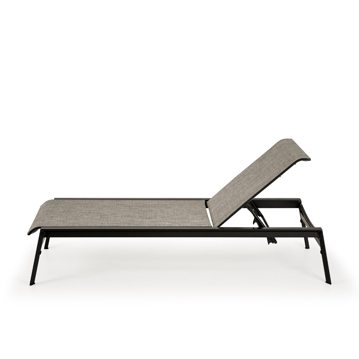 Side view of outdoor aluminum and sling chaise lounge and a half in dark color frame and neutral sling
