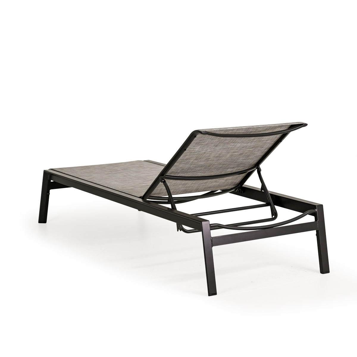 Back view of outdoor aluminum and sling chaise lounge and a half in dark color frame and neutral sling