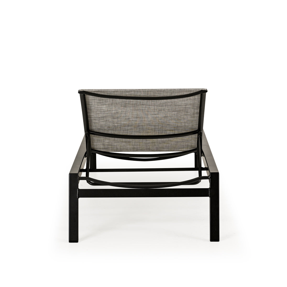 Back view of outdoor aluminum and sling chaise lounge and a half in dark color frame and neutral sling