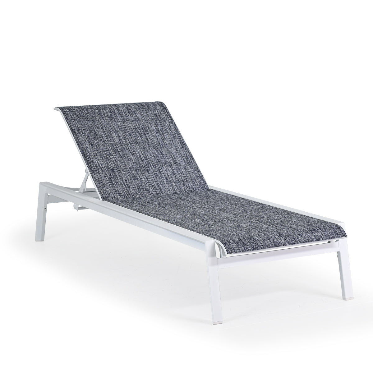 Front view of outdoor aluminum and sling chaise lounge and a half in white color frame and blue sling