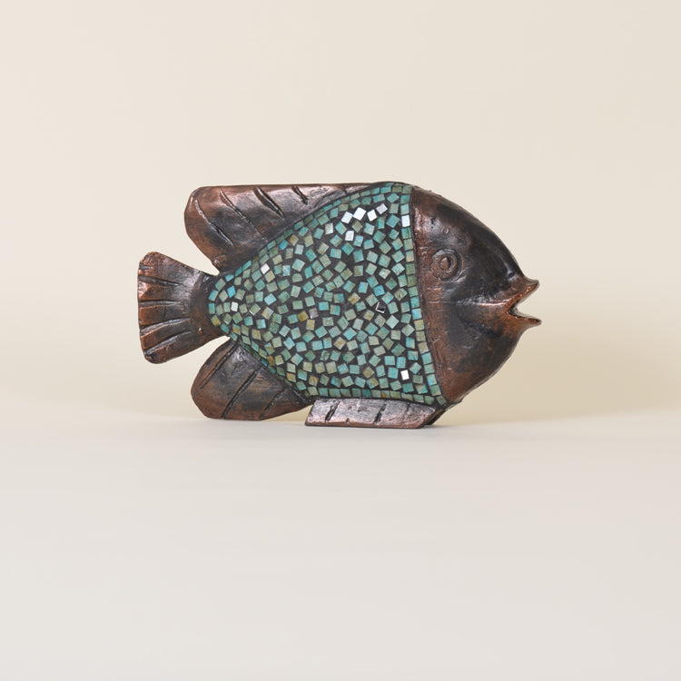 Indoor Wooden Fish with Blue Mosaic Body