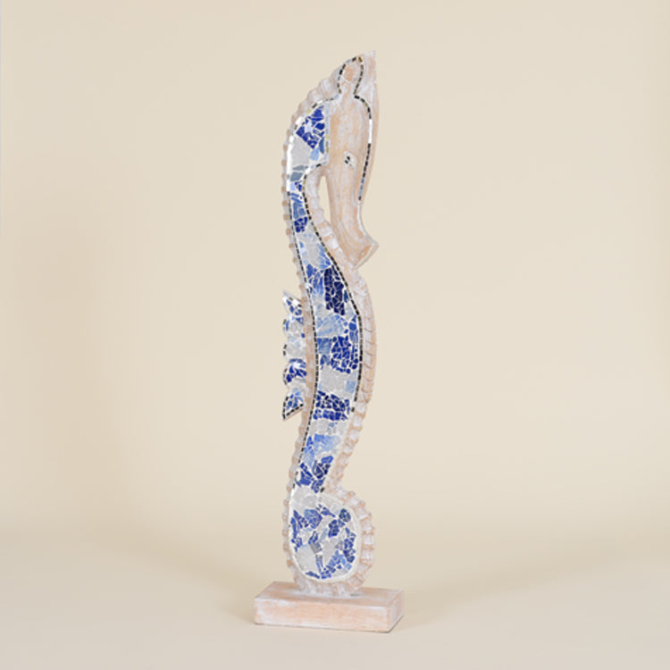 Indoor Small Wooden Seahorse With Blue & White Mosaic Design