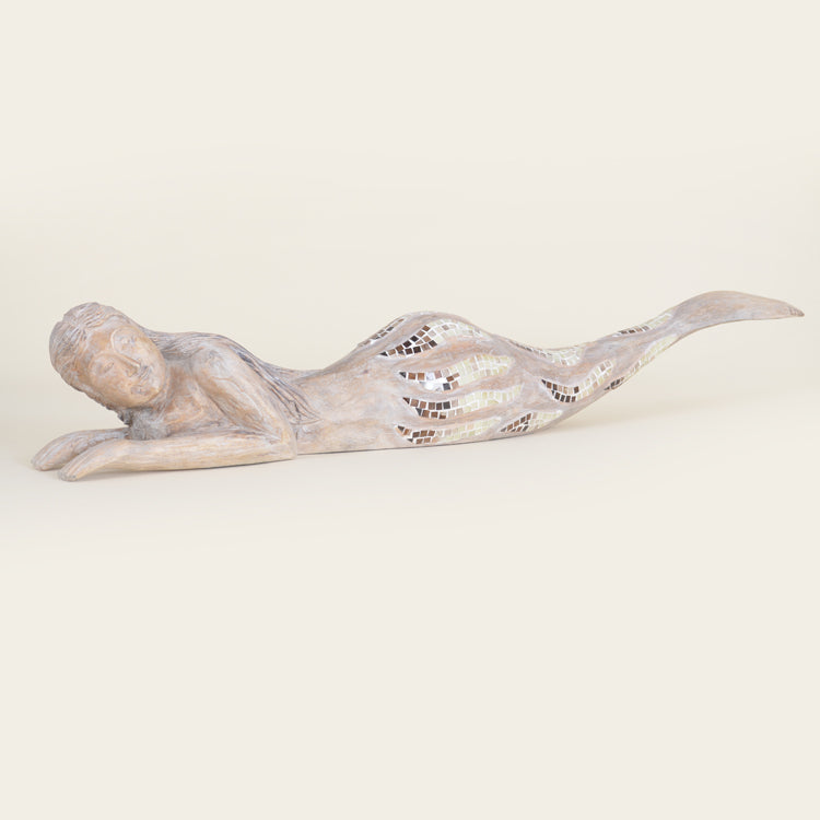 Indoor Wooden Sunbathing Mermaid With Mosaic Tail