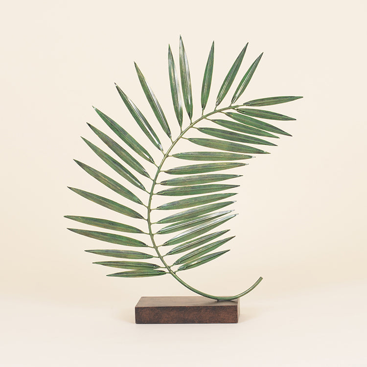 Indoor Single Green Metal Palm Leaf on Black Stand