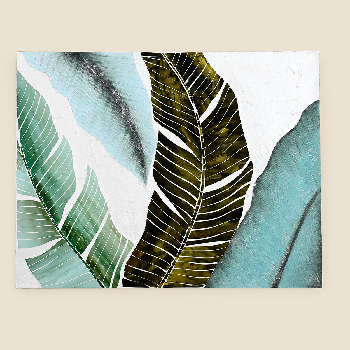 Mosaic Leaves on Wood Wall Hanging, Teal & Green