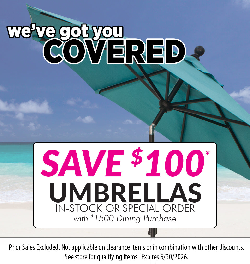 Promotional advertisement for umbrellas with a beach background and text overlay.