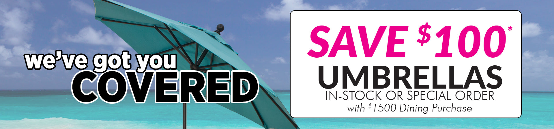 Promotional banner for umbrellas with a blue umbrella and ocean background, offering a discount on umbrellas with a dining purchase.