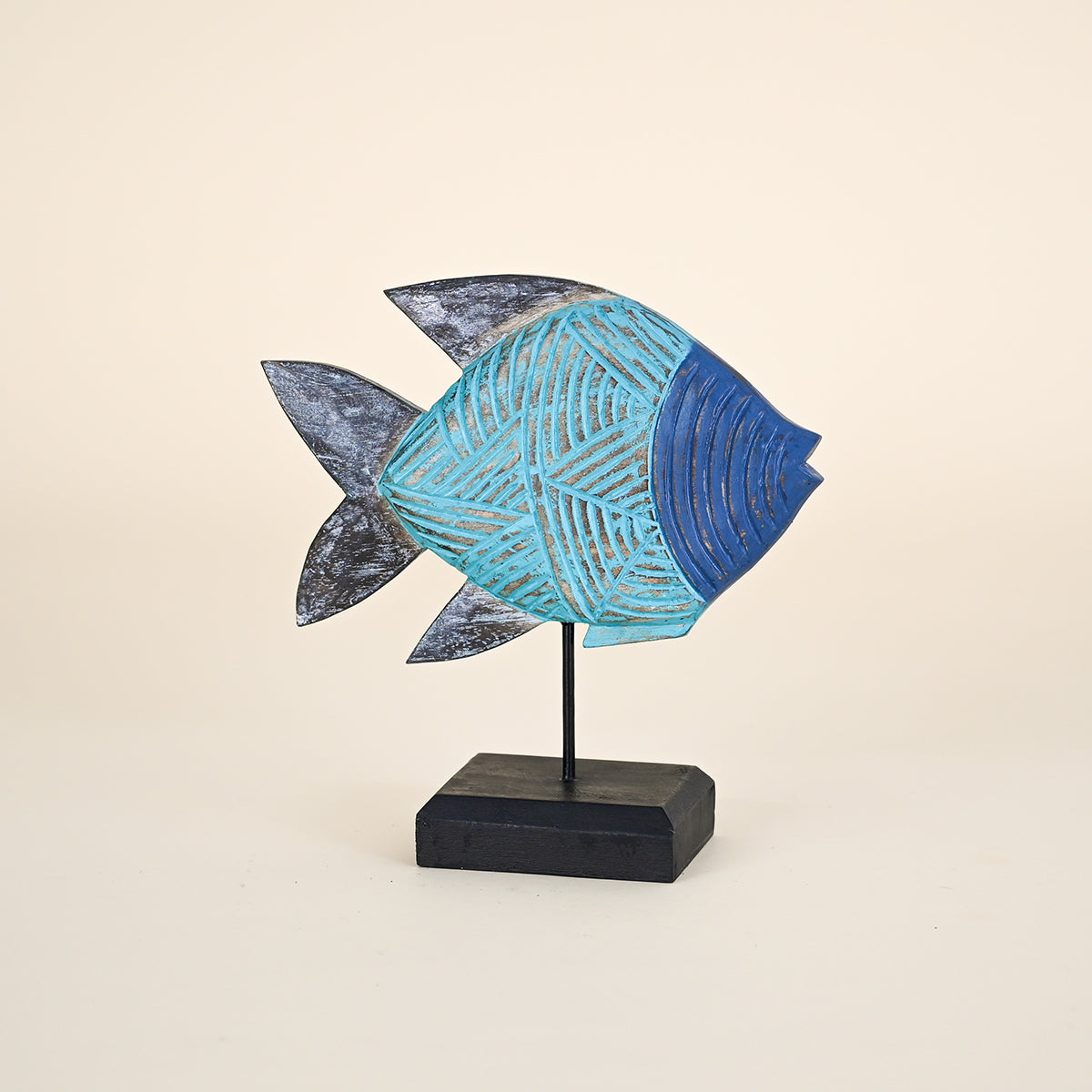 Fish on Stand, Teal and Dark Blue, Carved Wood