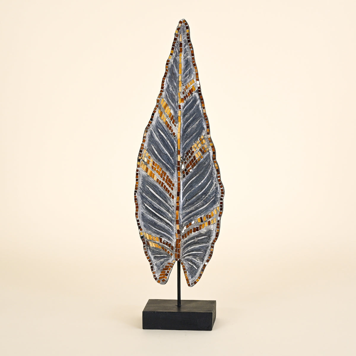 Wood Leaf on Black Stand, Dark Grey with Gold Mosaics