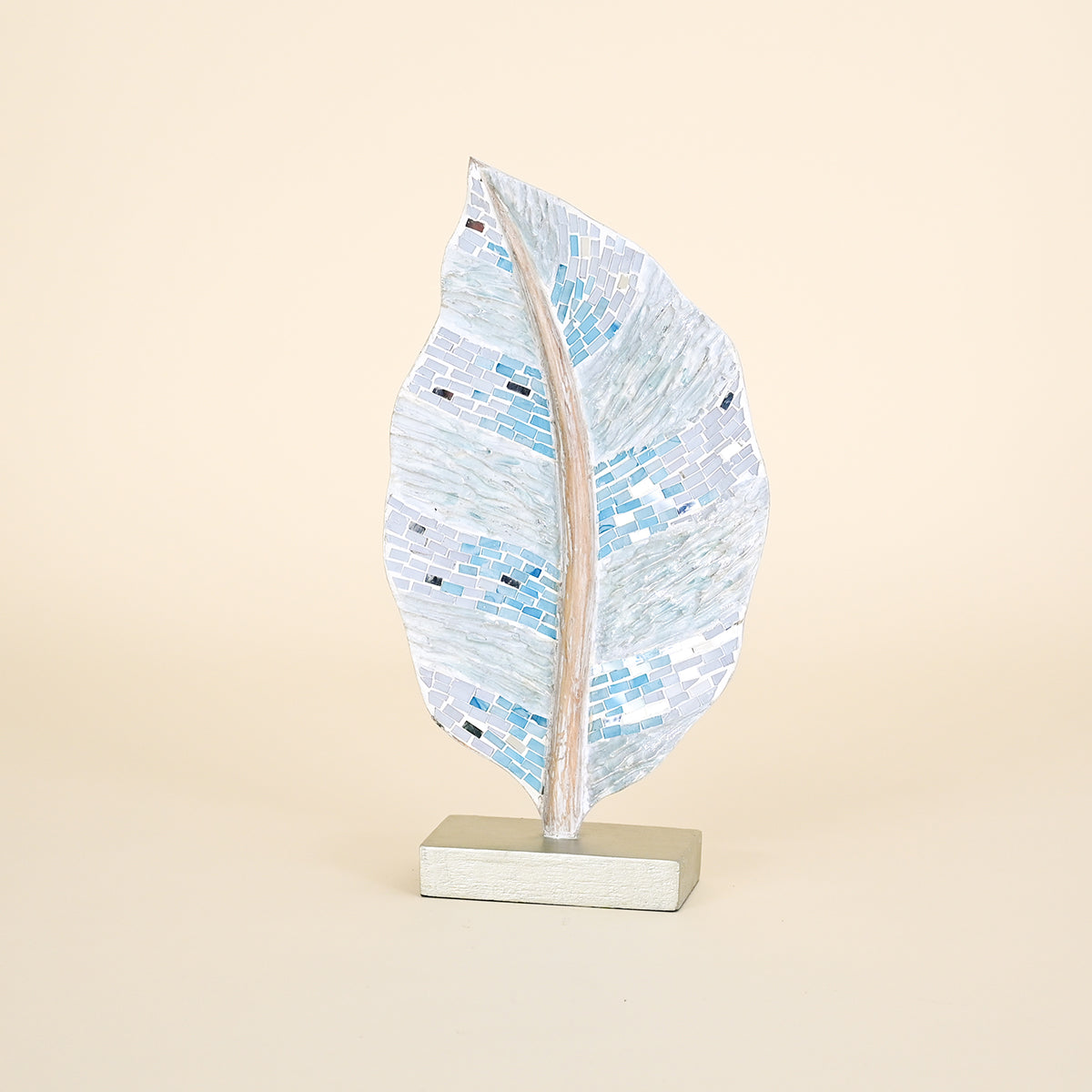 Wood Leaf on Grey Stand with Mosaics, Teal and White