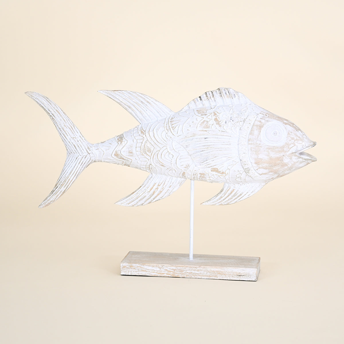 Carved Wood Fish on Natural Stand, Grey and White