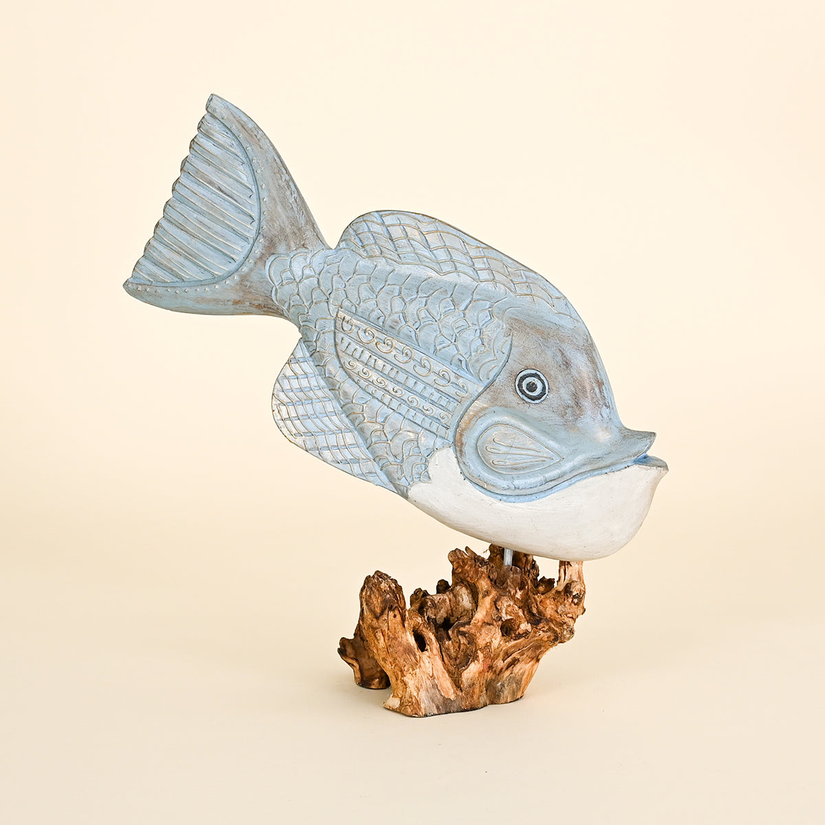 Carved Wood Fish on Root Base, Aqua and White