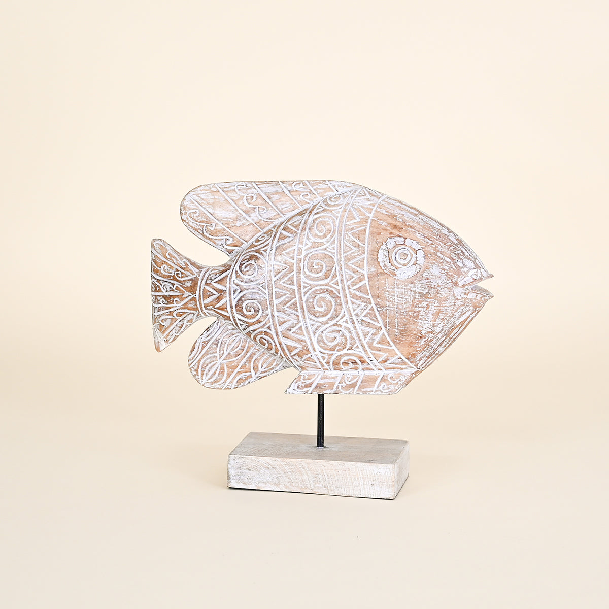 Wood Fish on Natural Stand with Intricate Carved Pattern