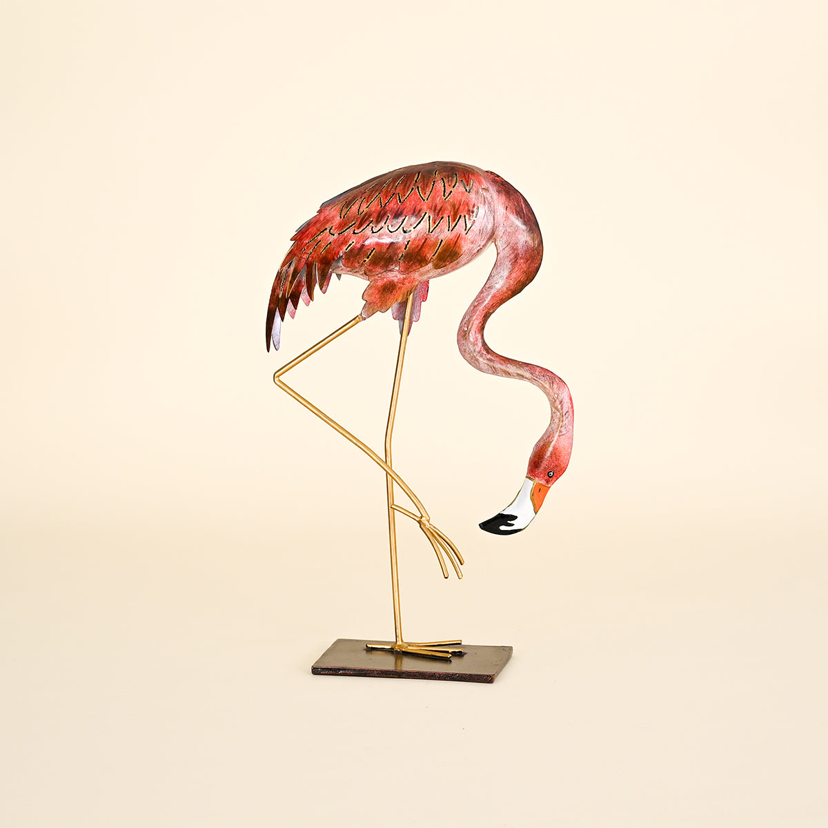 Iron Flamingo on Flat Black Stand with Head Looking Down