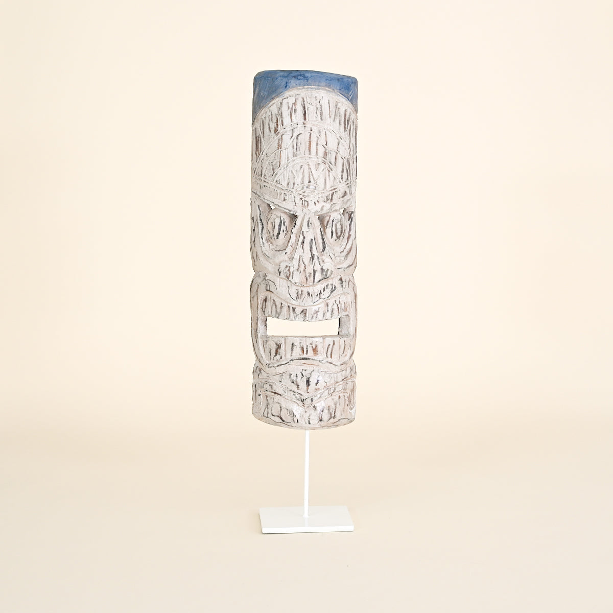 Tiki Head on Stand, White Wash and Blue