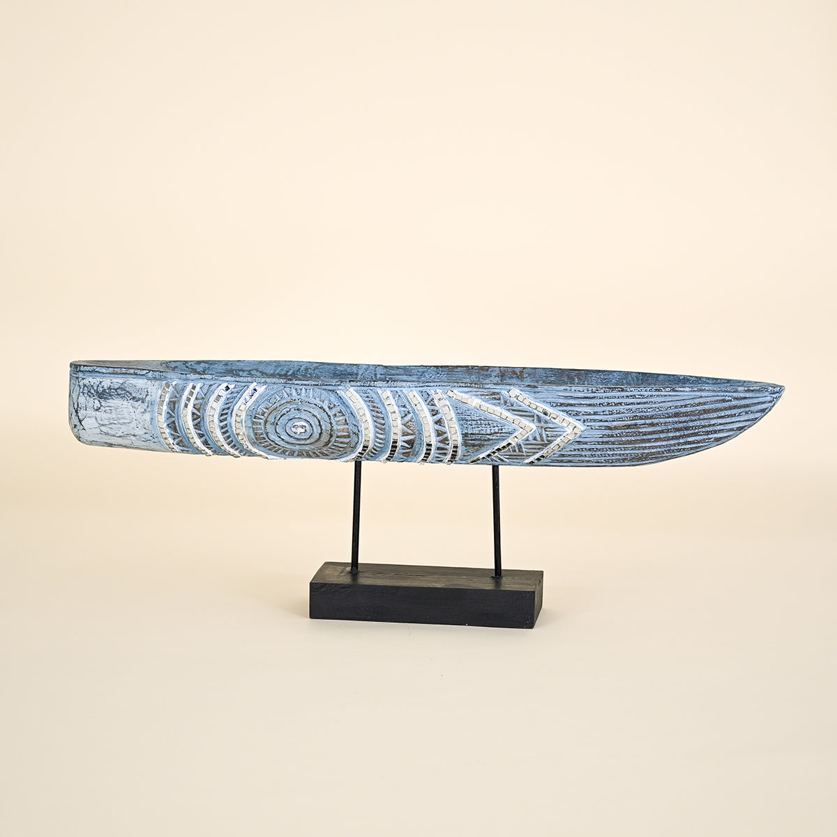 Primitive Boat on Black Stand with Mosaic, Blue and White