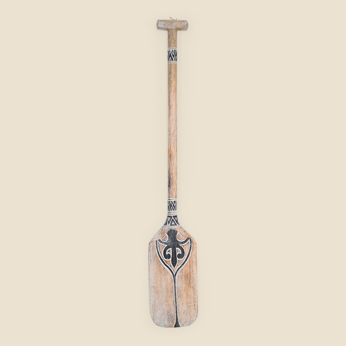 Large Carved Wooden Paddle, Natural, White and Dark Grey