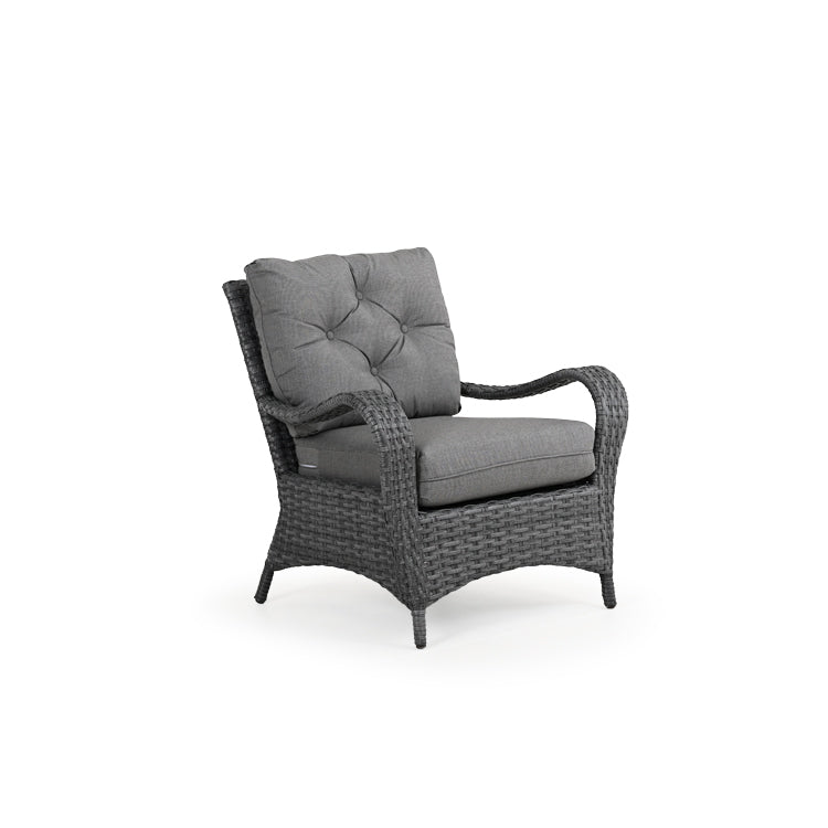Front view of outdoor woven club chair with grey seat cushion and back cushion