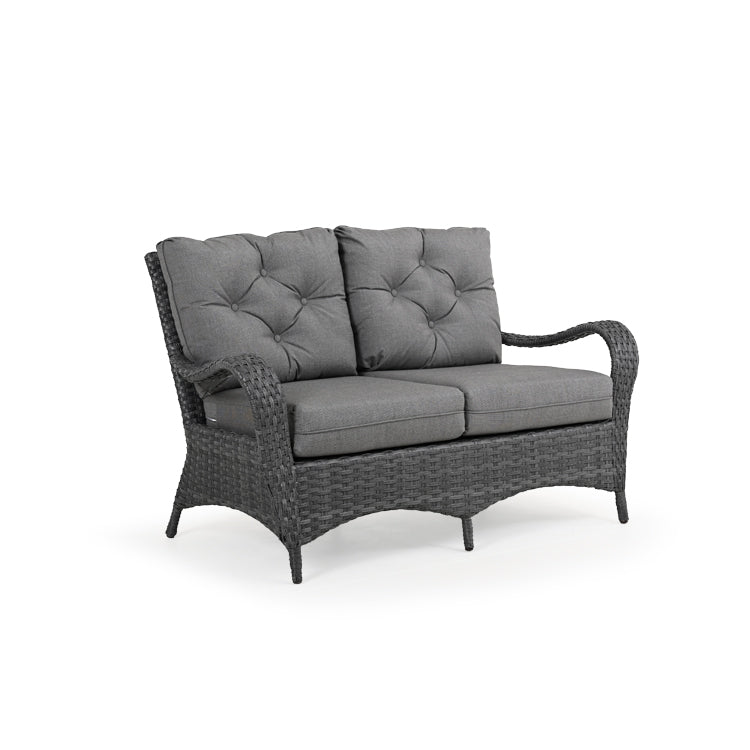 Front view of outdoor woven loveseat with grey seat and back cushions