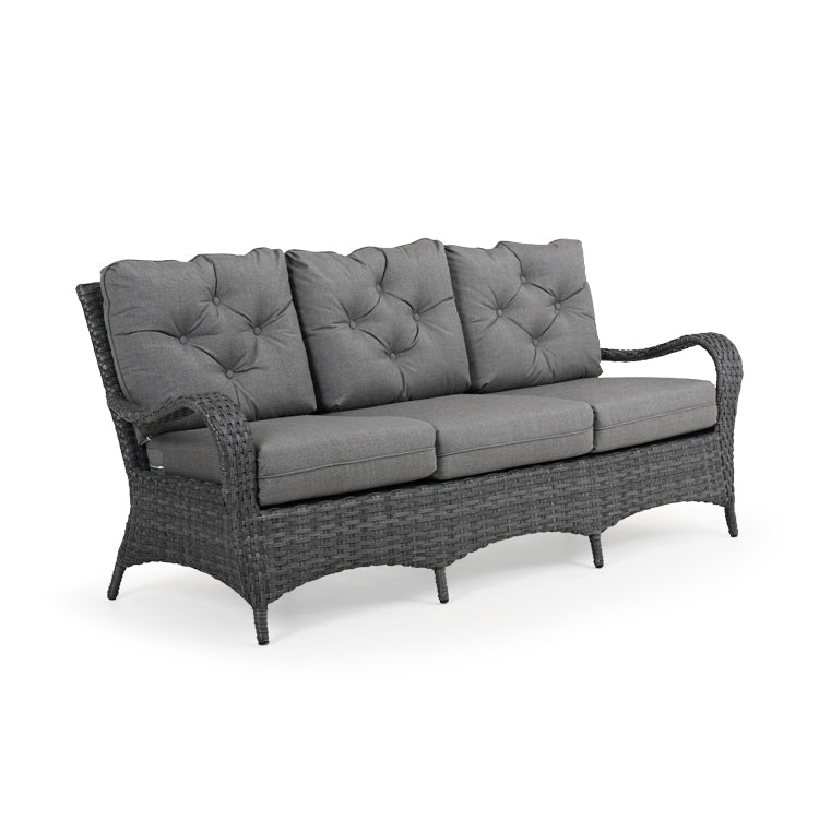 Front view of outdoor woven sofa with grey seat and back cushions