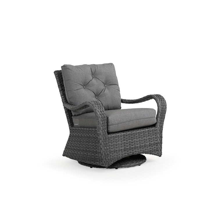 Front view of outdoor woven swivel gliding club chair with grey seat and back cushion