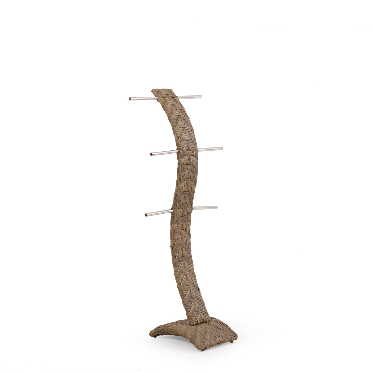 Outdoor woven towel tree with curved design and 6 poles extending on the sides to hang towels