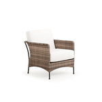 Front view of outdoor woven and aluminum club chair with seat and back cushion