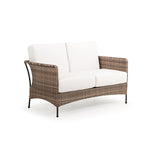 Front view of outdoor woven and aluminum loveseat with seat and back cushions