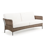 Front view of outdoor woven and aluminum sofa with seat and back cushions
