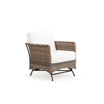 Front view of outdoor woven and aluminum spring chair with seat and back cushions