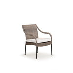 Front view of outdoor woven and aluminum dining arm chair with seat cushion